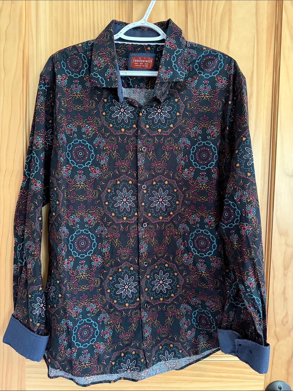 Consequence Medallion Print Button-Down Shirt - Black with Teal & Burgundy